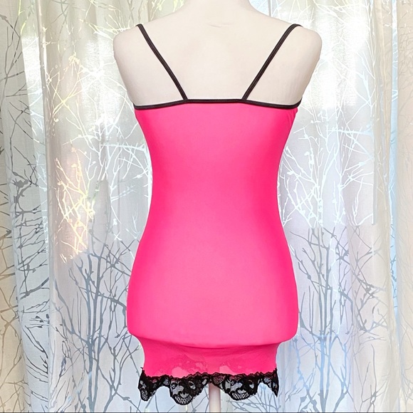 Leg Avenue neon pink black lace trim sheer mesh sleeveless mini dress - Picture 2 of 5